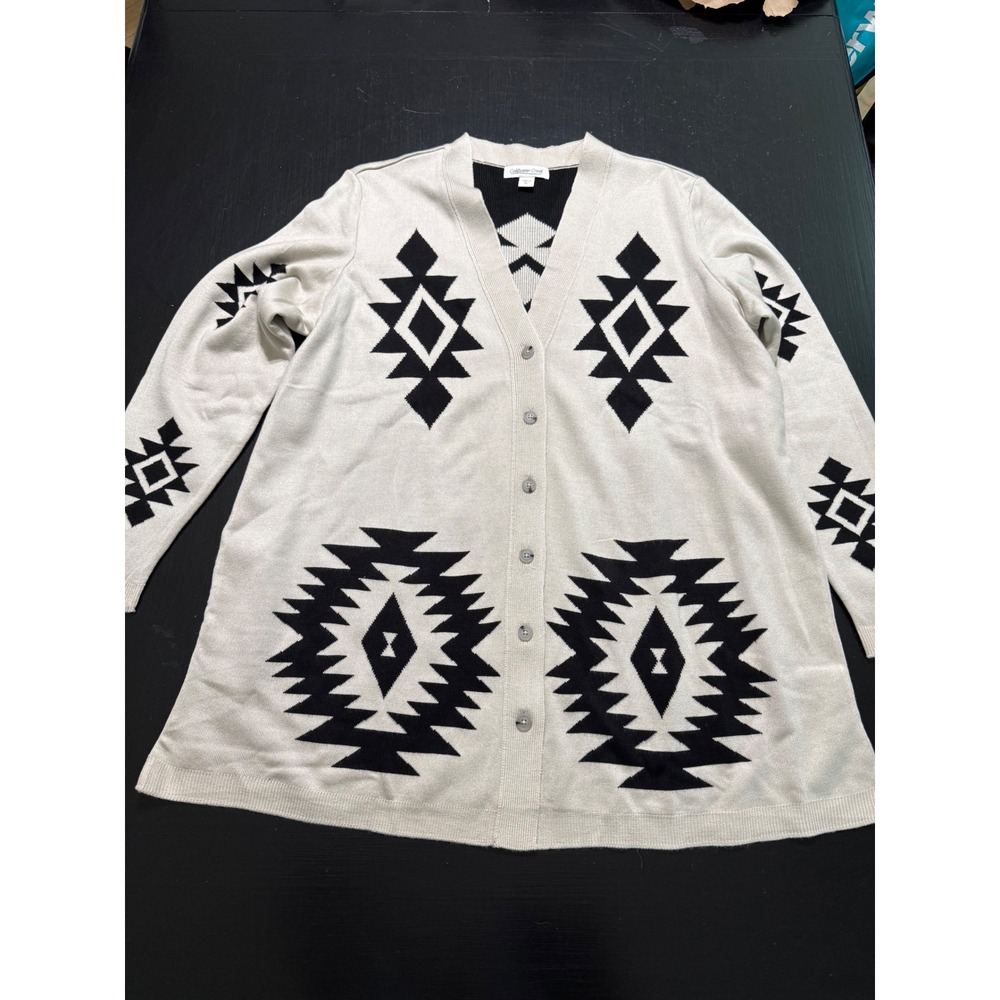 Coldwater Creek Womens XL Cream Black Geometric Southwestern Cardigan Sweater